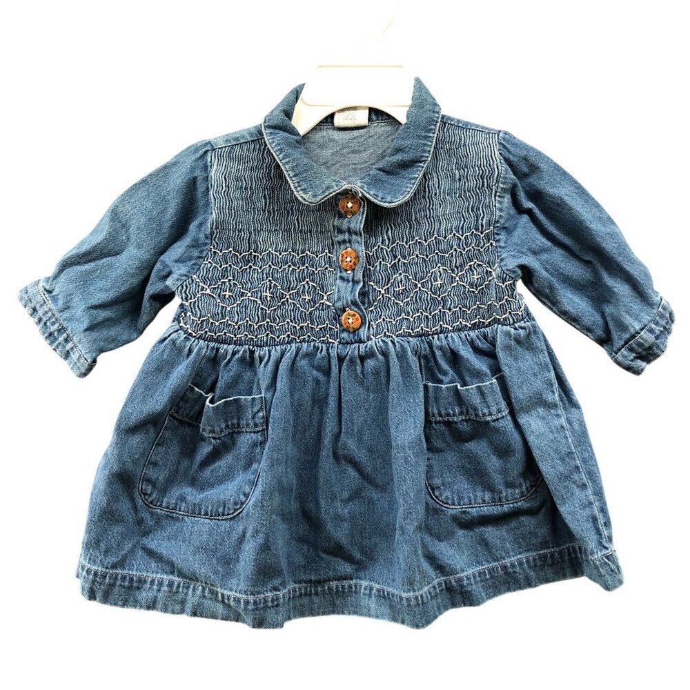 Vintage Baby Gap 3-6M‎ Denim Dress Smocked Collared Prairie Cotton Blue